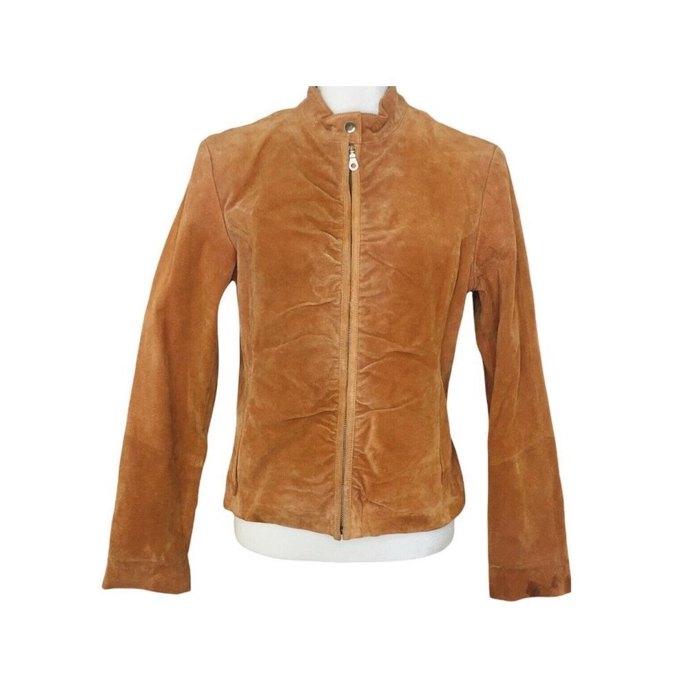 Wilsons Leather Maxima Orange Suede Ruched Jacket Size Large Zipper Button Snap